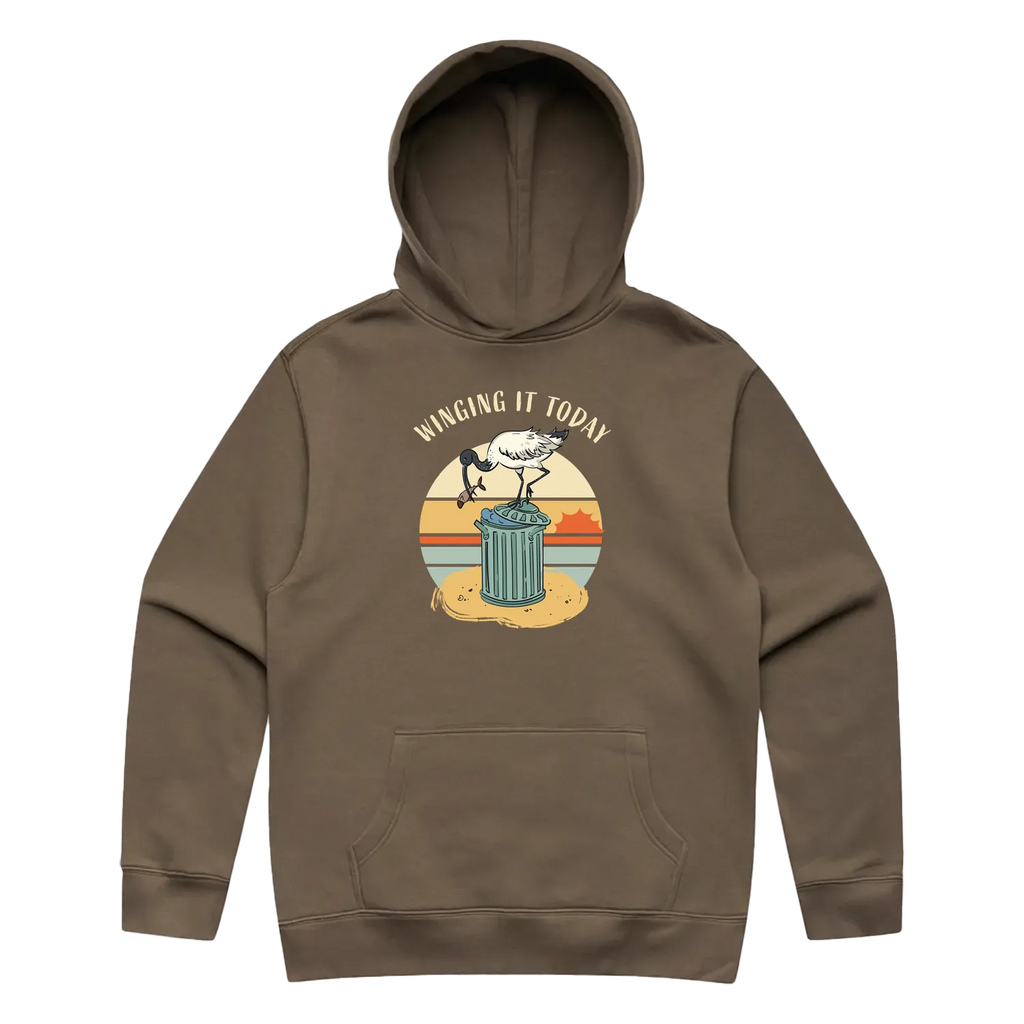 Men’s walnut ibis hoodie featuring a cute, funny hand-drawn ibis design, Winging It Today print