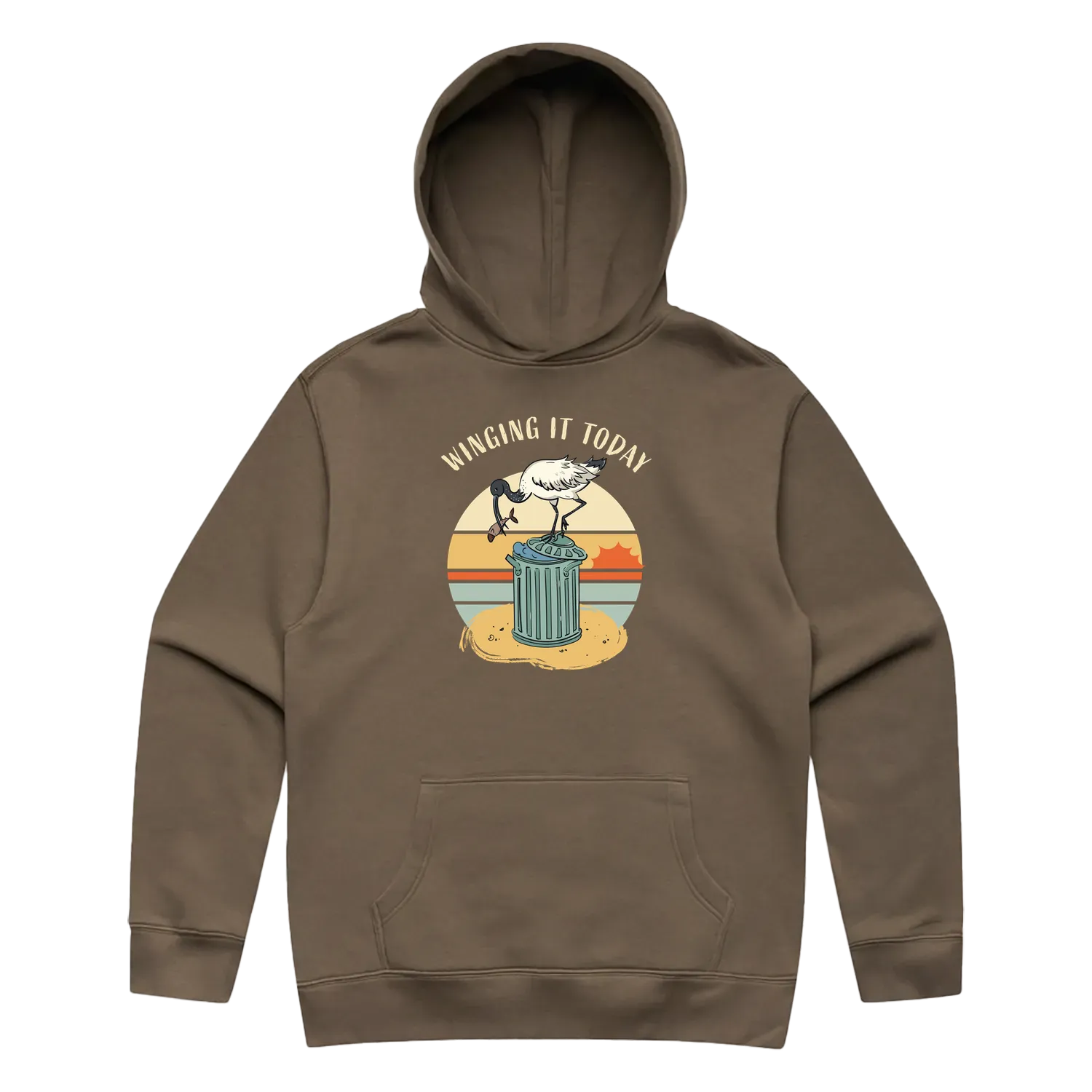 Men’s walnut ibis hoodie featuring a cute, funny hand-drawn ibis design, Winging It Today print