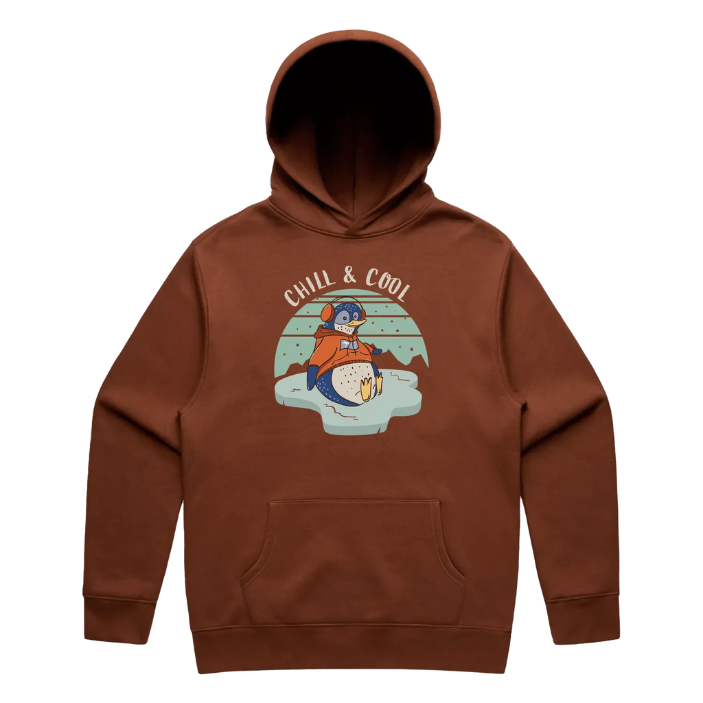 Men’s clay penguin hoodie featuring a cute, funny hand-drawn penguin design, Chill & Cool print