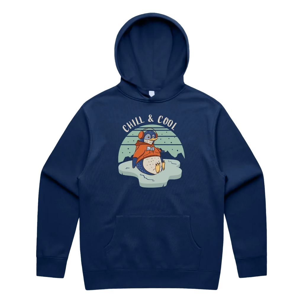 Men’s cobalt penguin hoodie featuring a cute, funny hand-drawn penguin design, Chill & Cool print