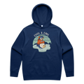 Men’s cobalt penguin hoodie featuring a cute, funny hand-drawn penguin design, Chill & Cool print