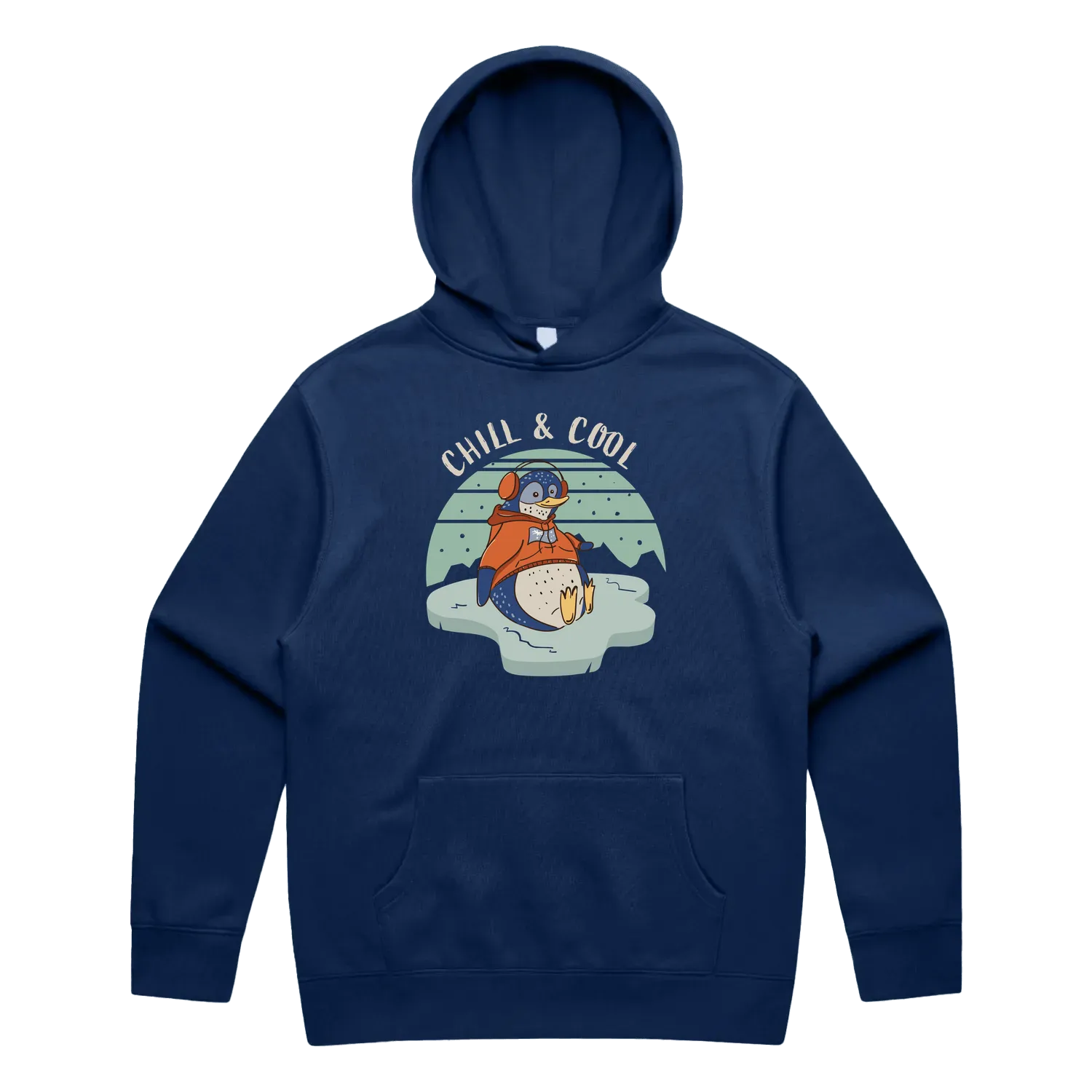 Men’s cobalt penguin hoodie featuring a cute, funny hand-drawn penguin design, Chill & Cool print