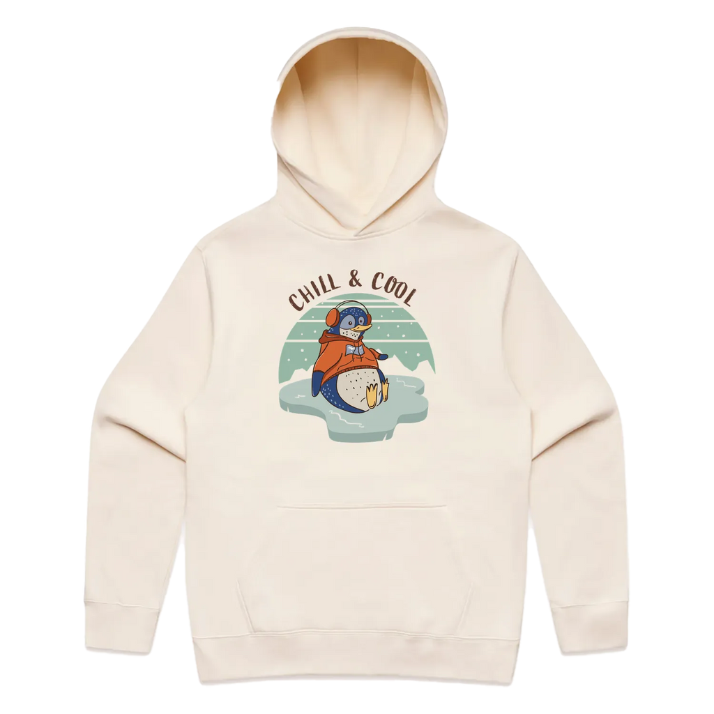 Men’s ecru penguin hoodie featuring a cute, funny hand-drawn penguin design, Chill & Cool print
