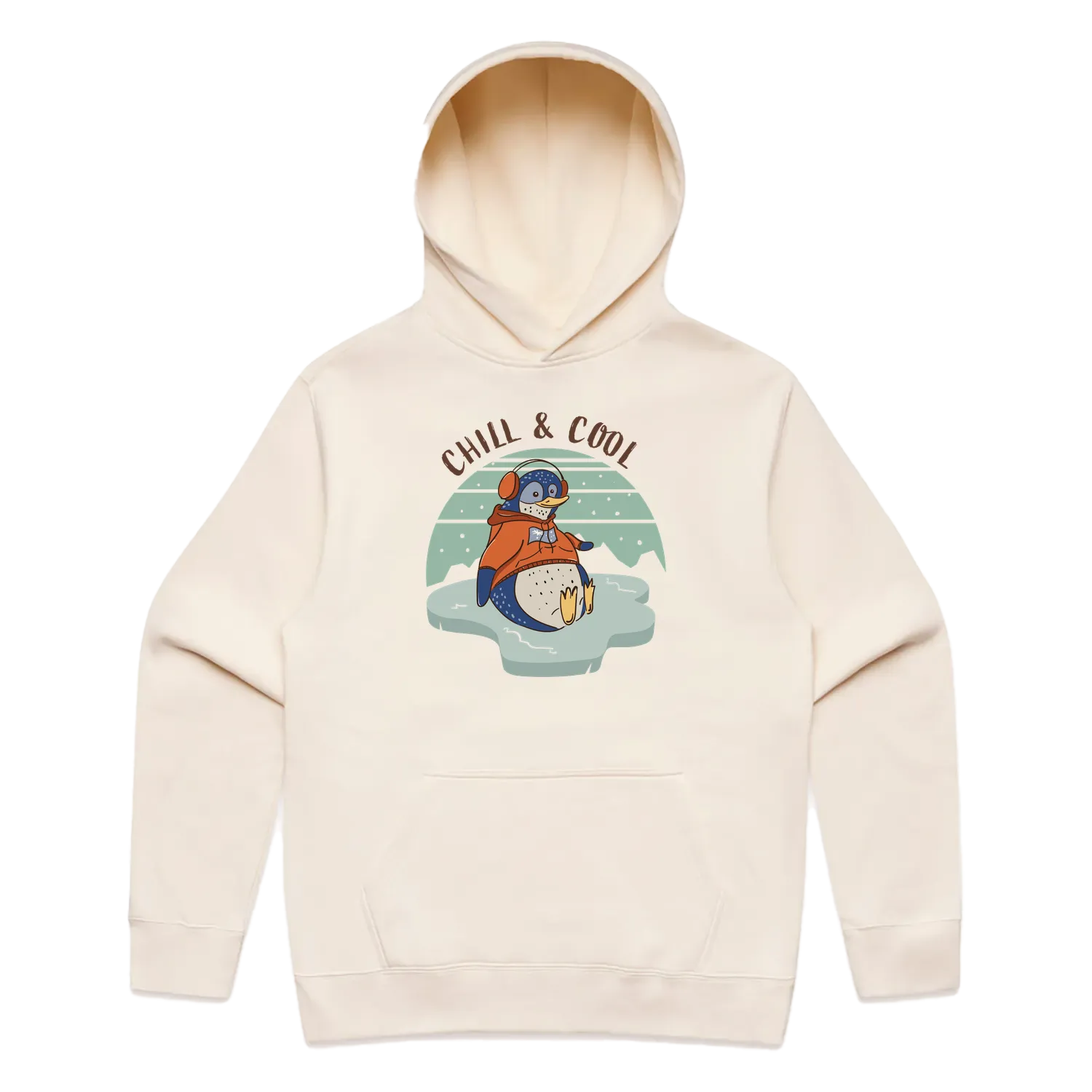 Men’s ecru penguin hoodie featuring a cute, funny hand-drawn penguin design, Chill & Cool print