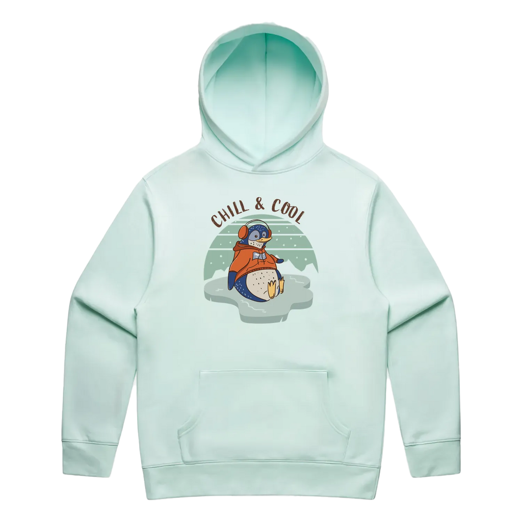 Men’s seafoam penguin hoodie featuring a cute, funny hand-drawn penguin design, Chill & Cool print