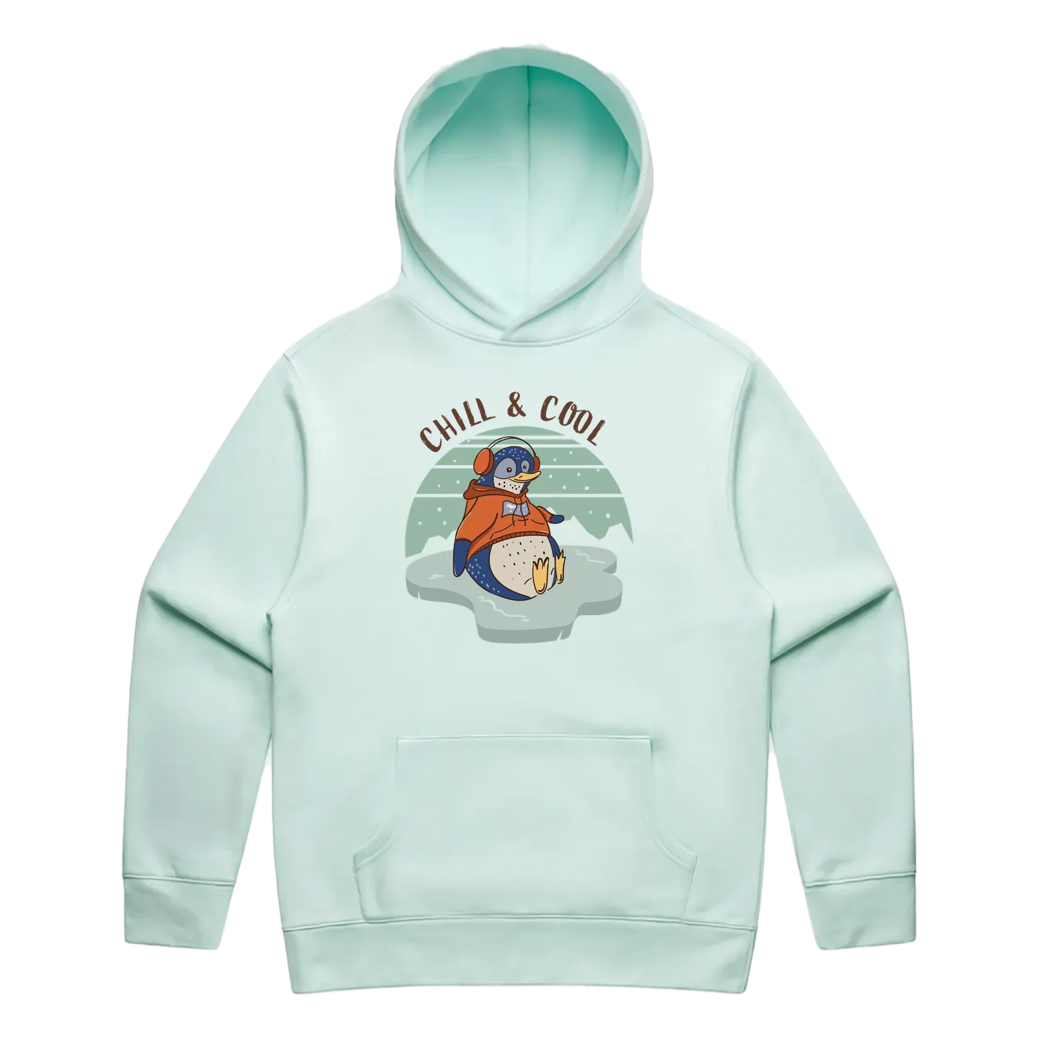 Men’s seafoam penguin hoodie featuring a cute, funny hand-drawn penguin design, Chill & Cool print
