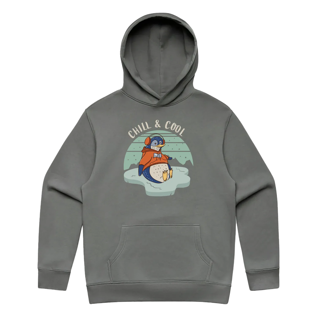 Men’s shadow penguin hoodie featuring a cute, funny hand-drawn penguin design, Chill & Cool print