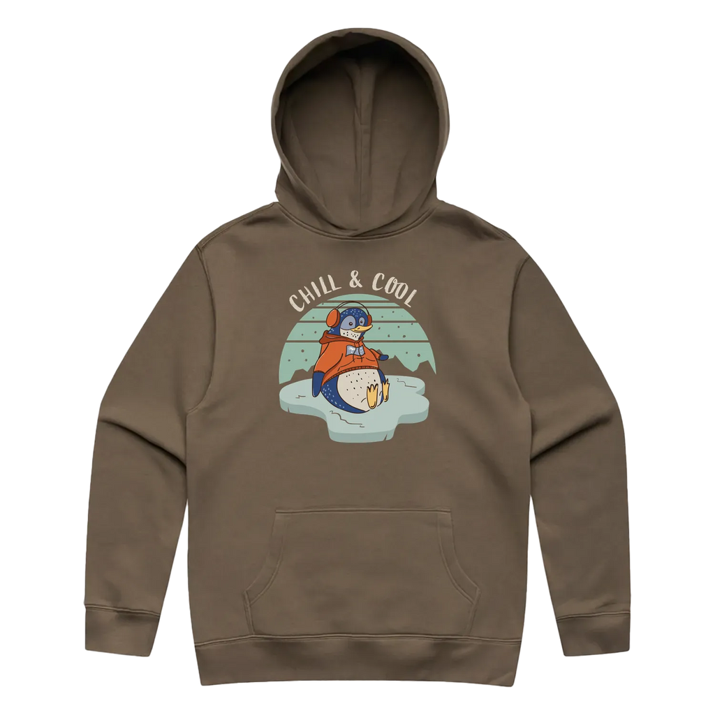 Men’s walnut penguin hoodie featuring a cute, funny hand-drawn penguin design, Chill & Cool print