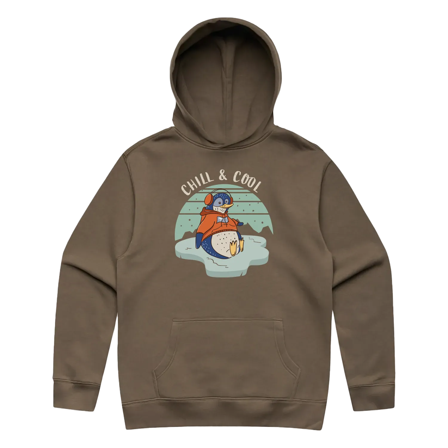 Men’s walnut penguin hoodie featuring a cute, funny hand-drawn penguin design, Chill & Cool print