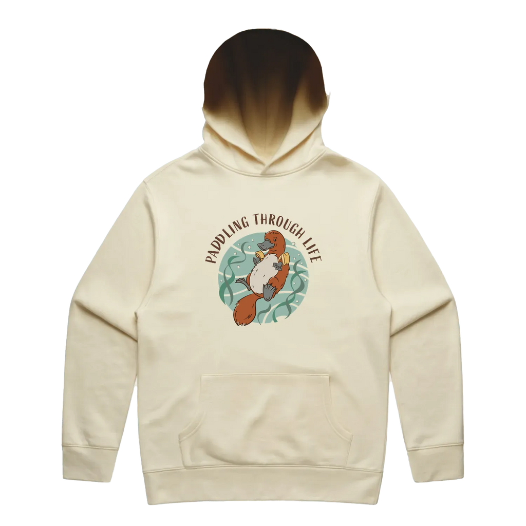 Men’s butter platypus hoodie featuring a cute, funny hand-drawn platypus design, Paddling Through Life print