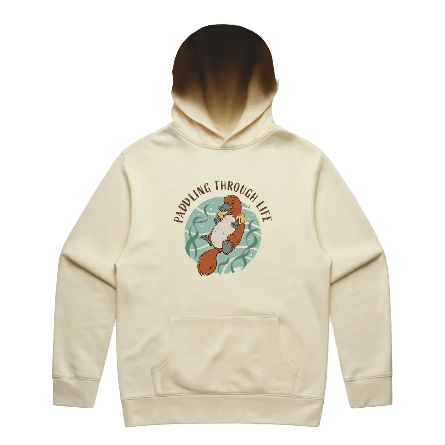 Men’s butter platypus hoodie featuring a cute, funny hand-drawn platypus design, Paddling Through Life print