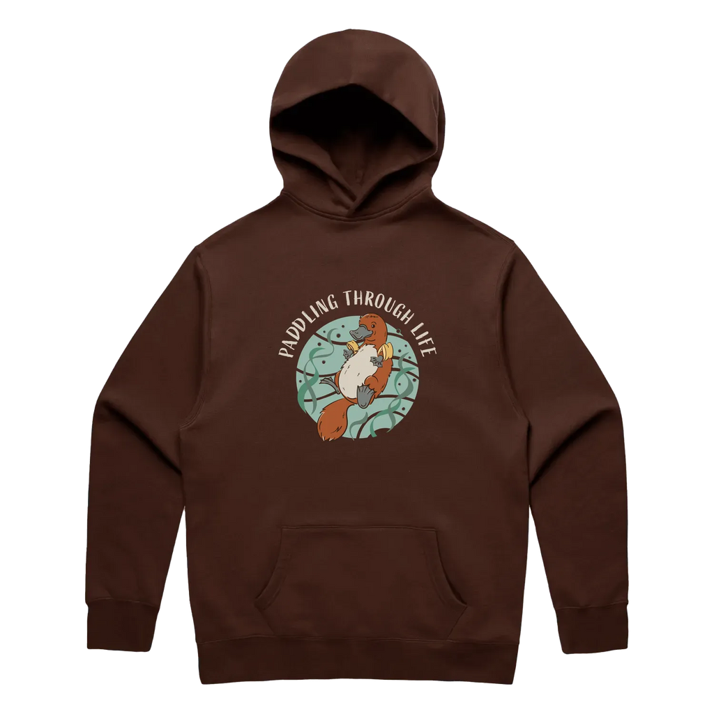 Men’s chestnut platypus hoodie featuring a cute, funny hand-drawn platypus design, Paddling Through Life print