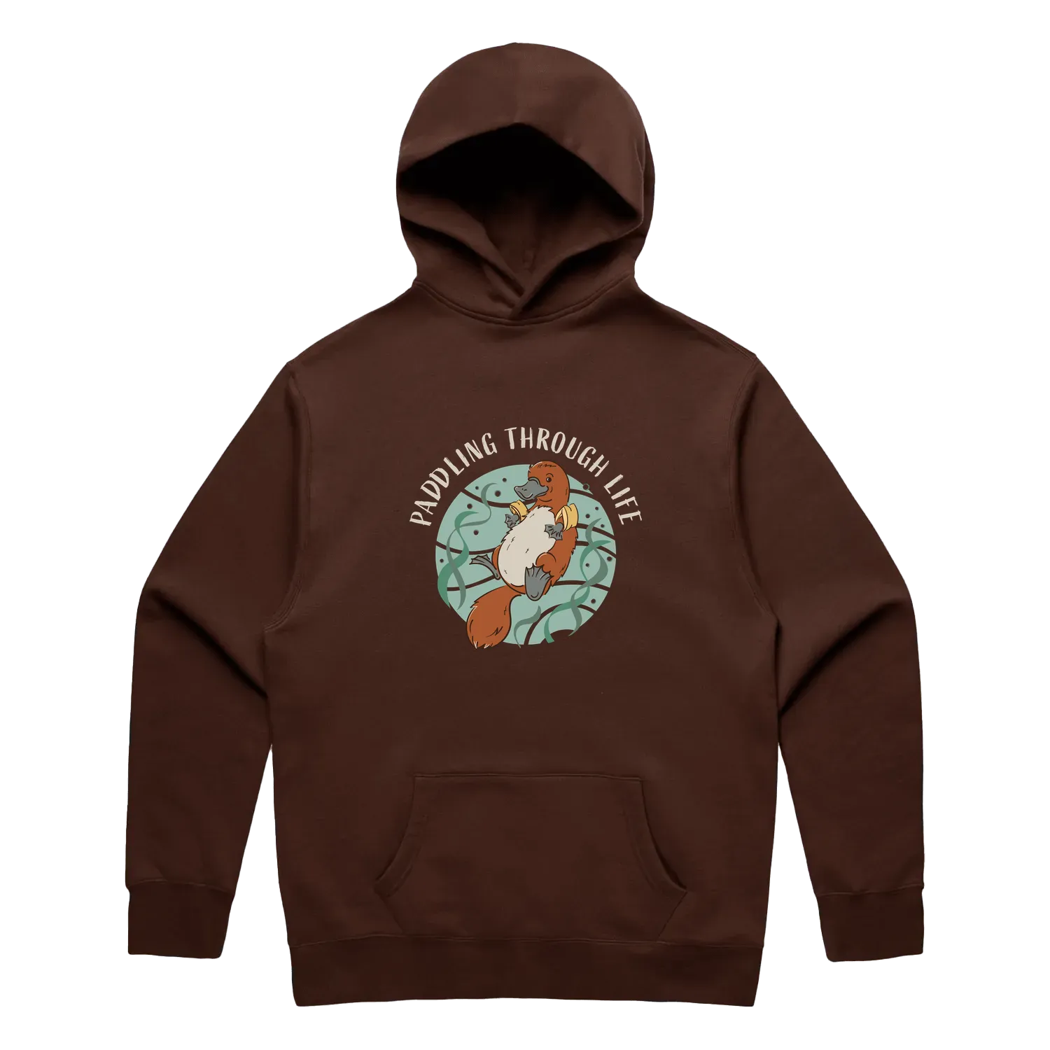 Men’s chestnut platypus hoodie featuring a cute, funny hand-drawn platypus design, Paddling Through Life print