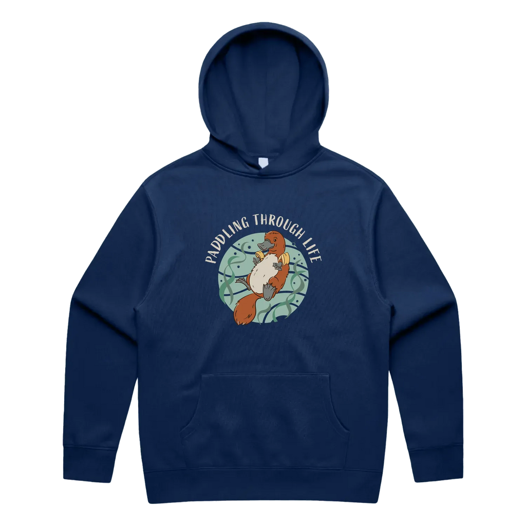 Men’s cobalt platypus hoodie featuring a cute, funny hand-drawn platypus design, Paddling Through Life print