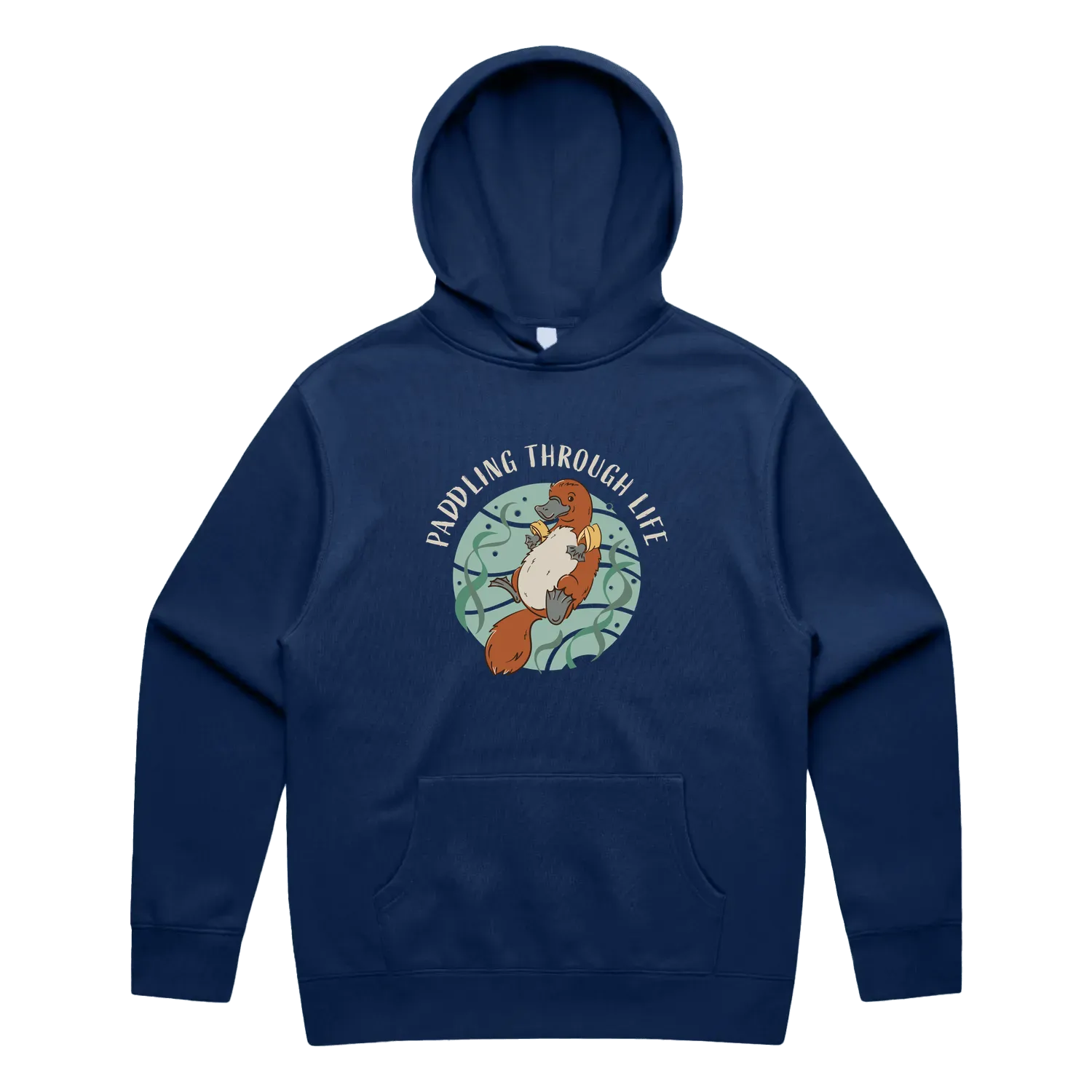 Men’s cobalt platypus hoodie featuring a cute, funny hand-drawn platypus design, Paddling Through Life print