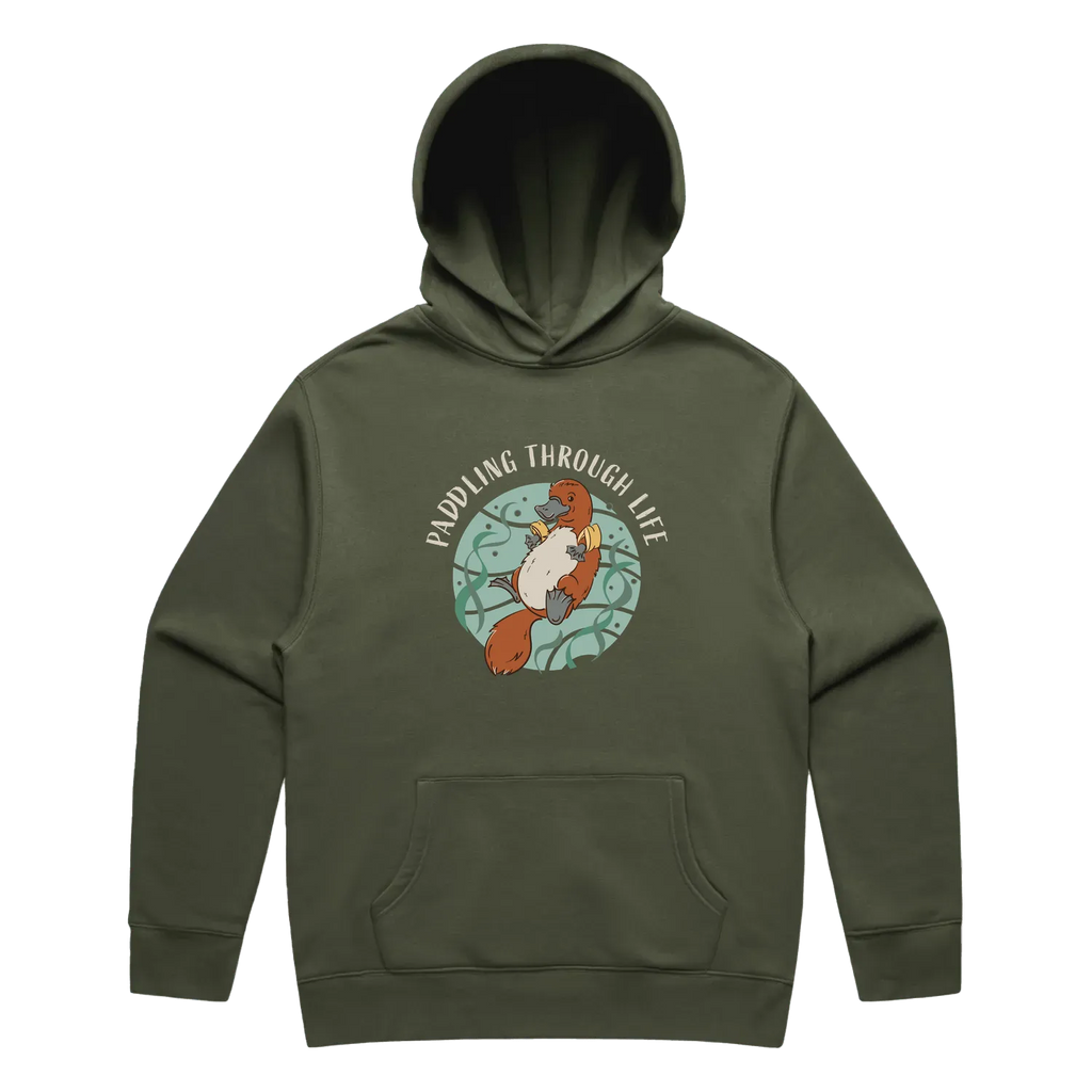 Men’s cypress platypus hoodie featuring a cute, funny hand-drawn platypus design, Paddling Through Life print