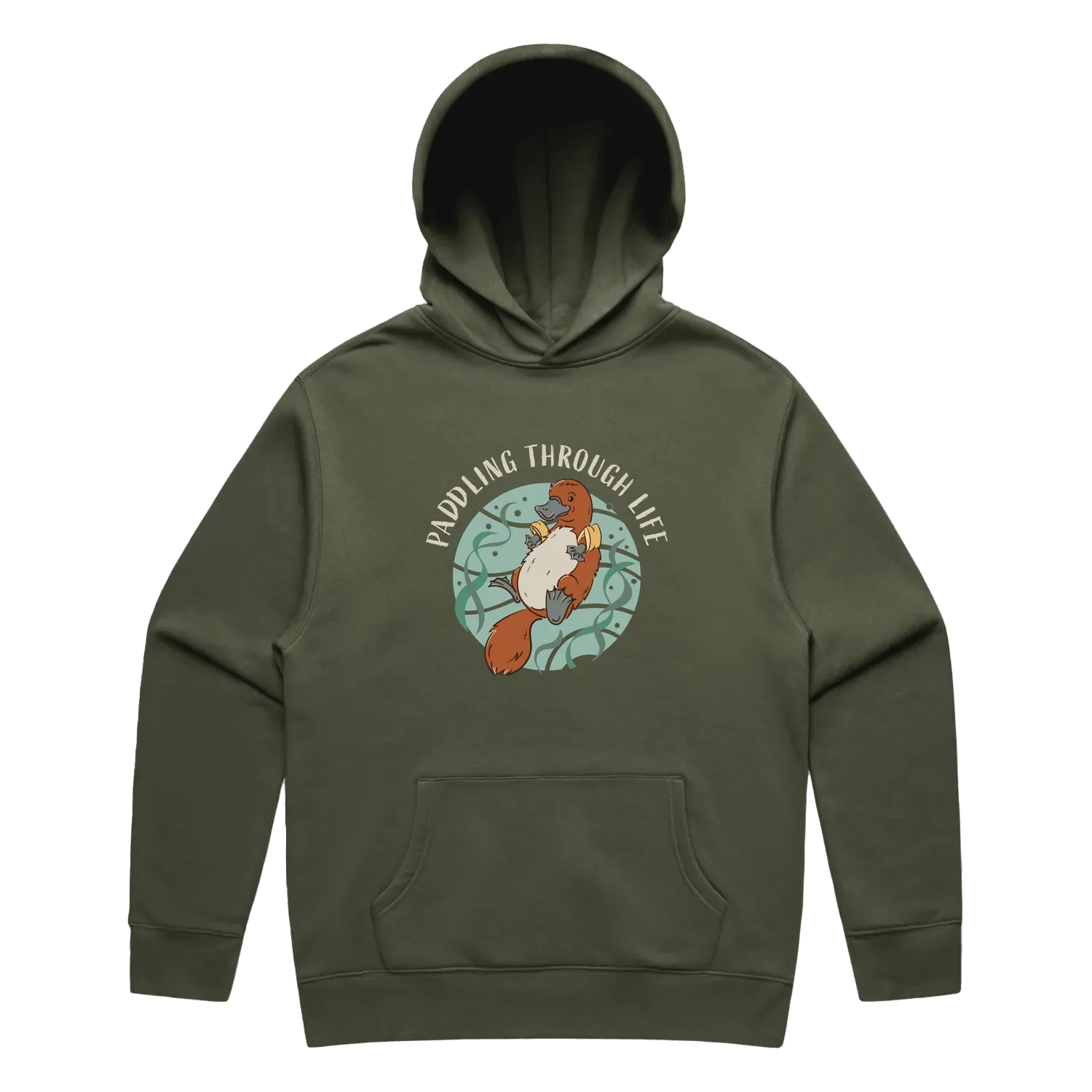 Men’s cypress platypus hoodie featuring a cute, funny hand-drawn platypus design, Paddling Through Life print