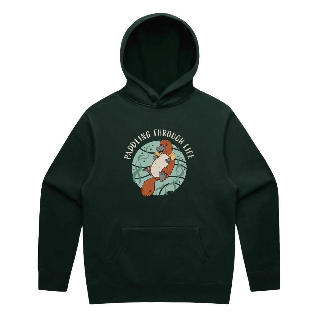 Men’s pine green platypus hoodie featuring a cute, funny hand-drawn platypus design, Paddling Through Life print