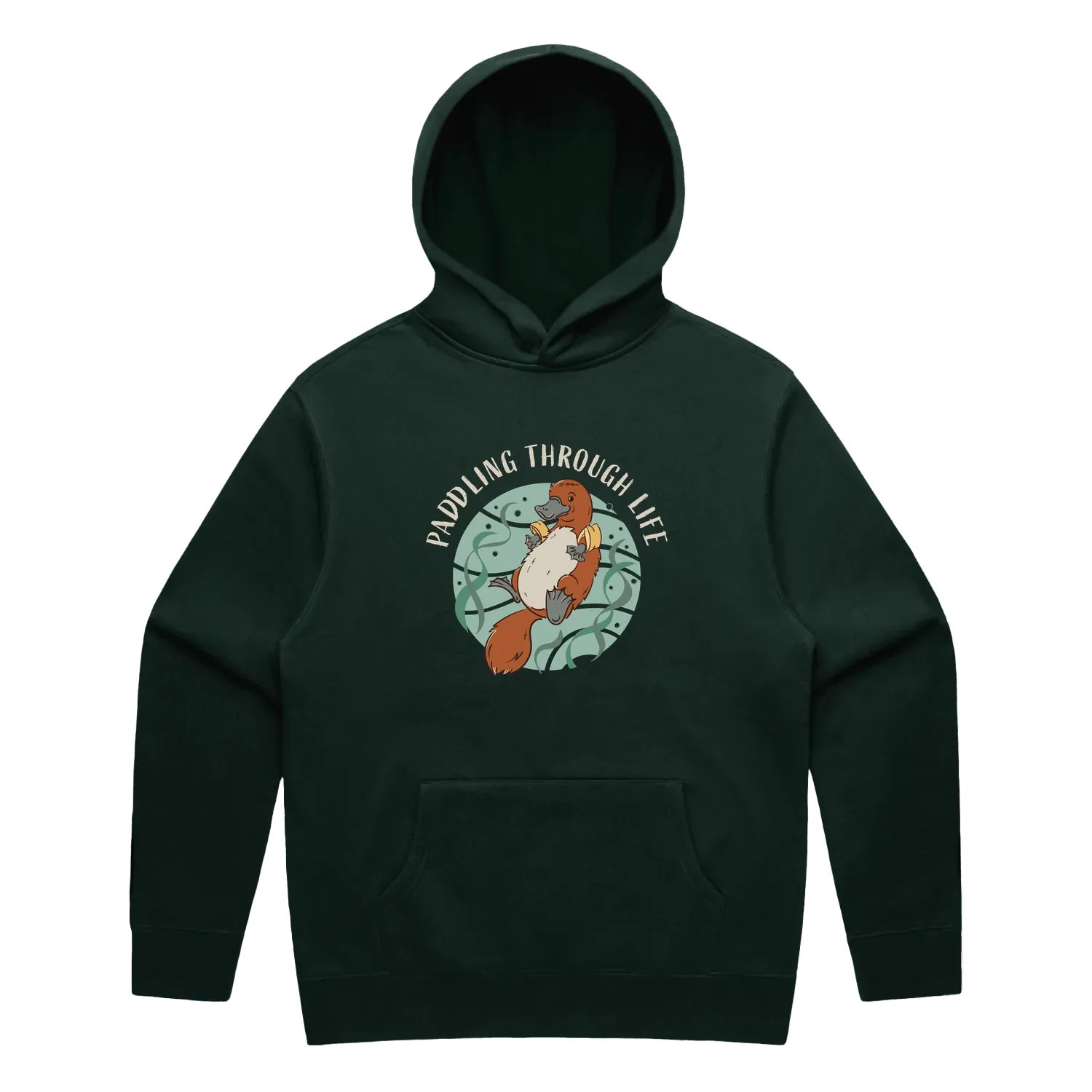 Men’s pine green platypus hoodie featuring a cute, funny hand-drawn platypus design, Paddling Through Life print