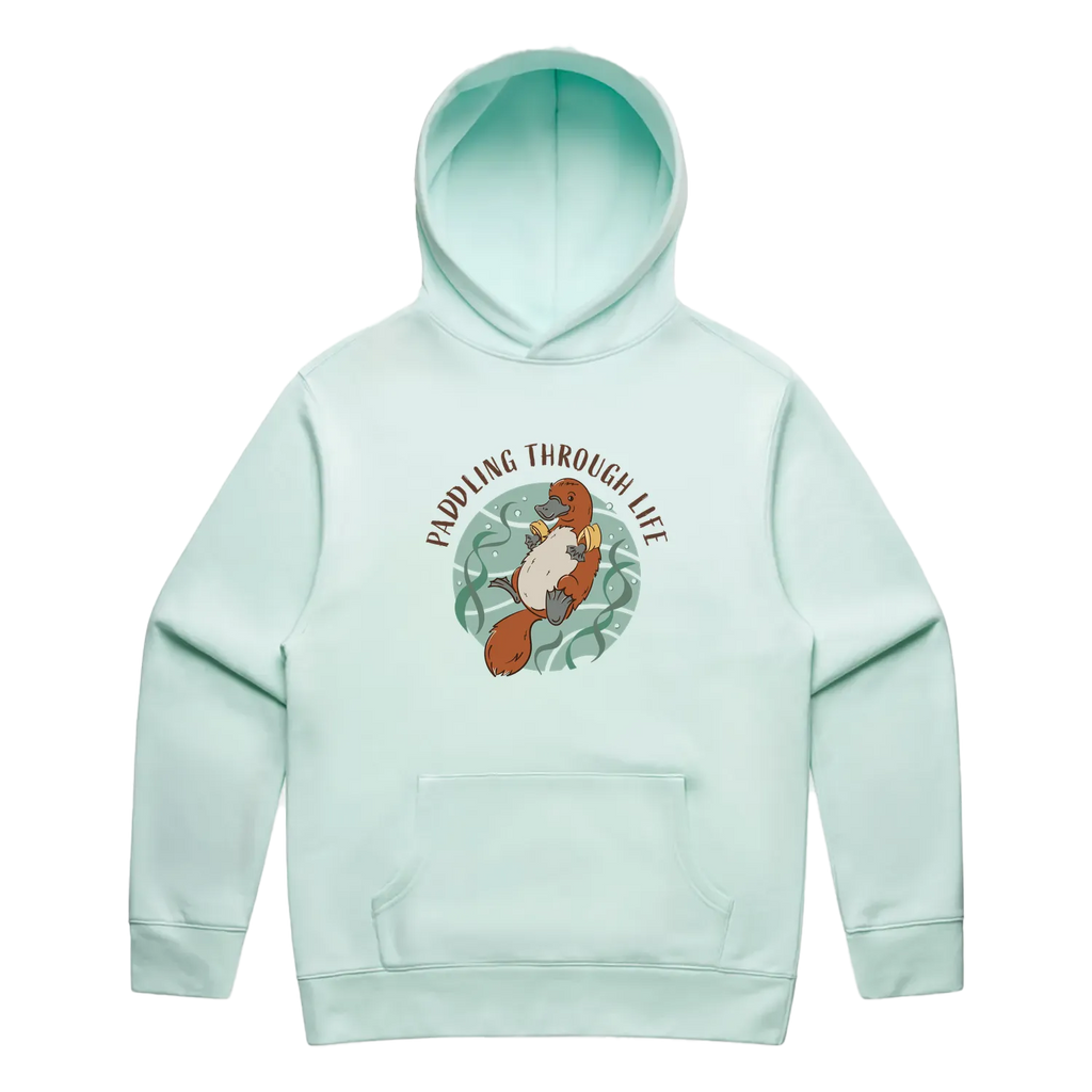 Men’s seafoam platypus hoodie featuring a cute, funny hand-drawn platypus design, Paddling Through Life print