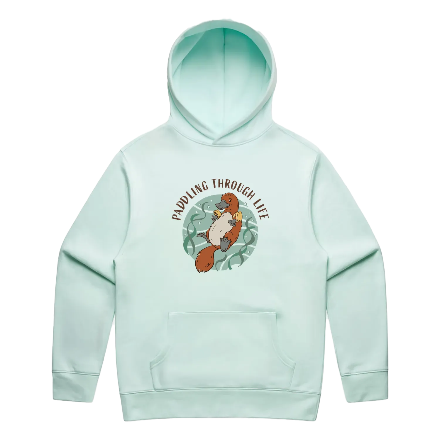 Men’s seafoam platypus hoodie featuring a cute, funny hand-drawn platypus design, Paddling Through Life print