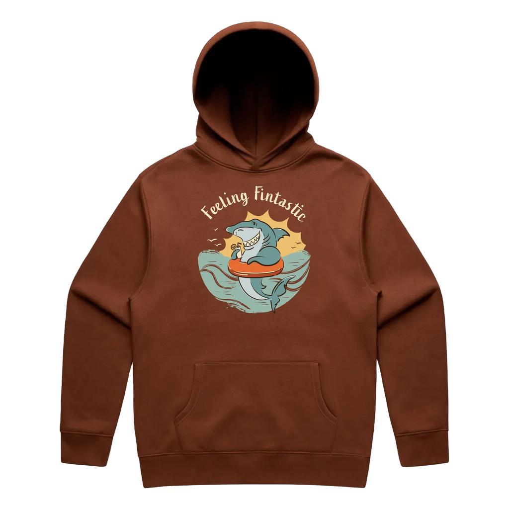 Men’s clay shark hoodie featuring a cute, funny hand-drawn shark design, Feeling Fintastic print
