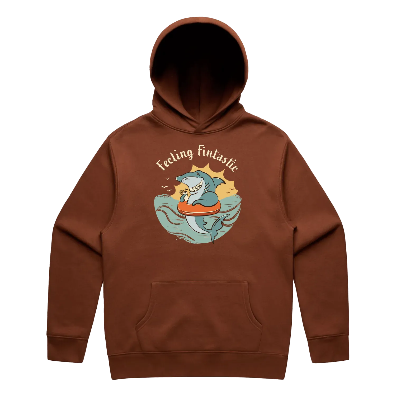 Men’s clay shark hoodie featuring a cute, funny hand-drawn shark design, Feeling Fintastic print
