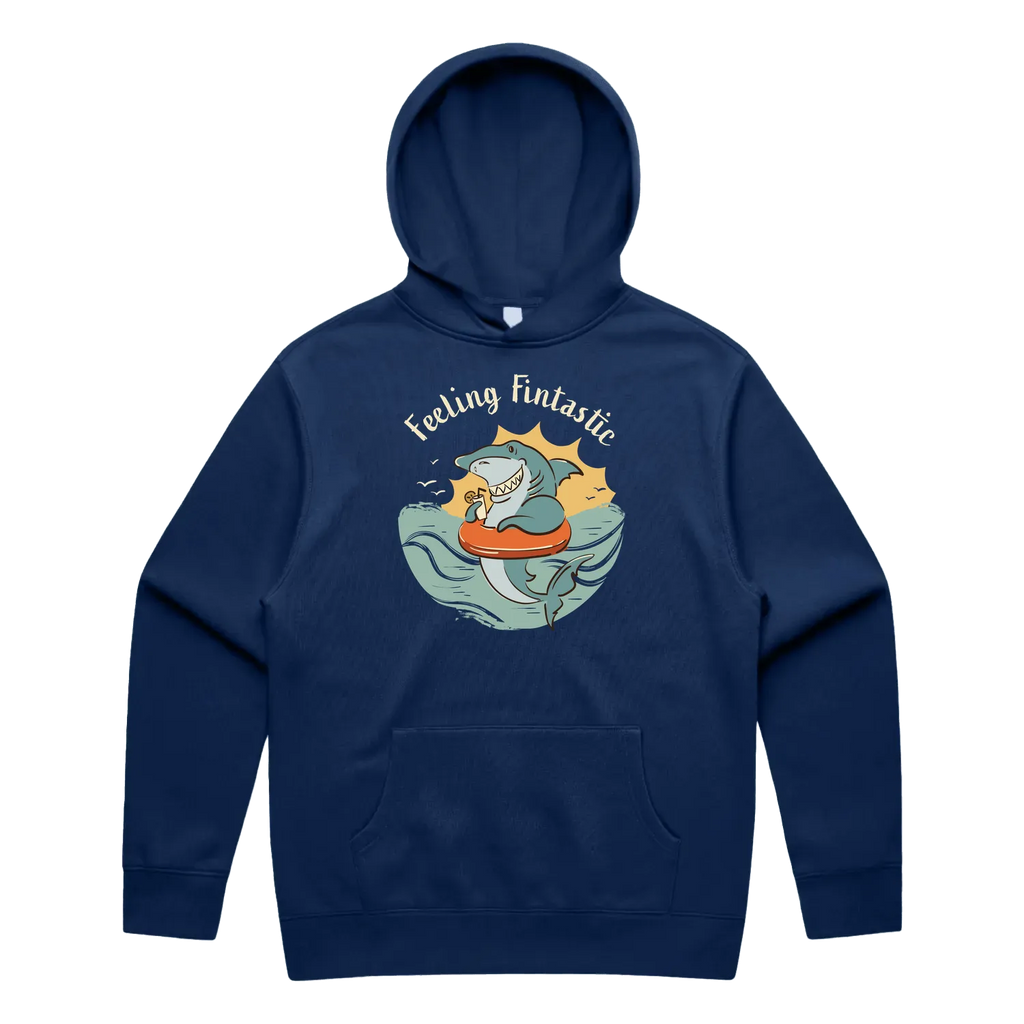 Men’s cobalt shark hoodie featuring a cute, funny hand-drawn shark design, Feeling Fintastic print