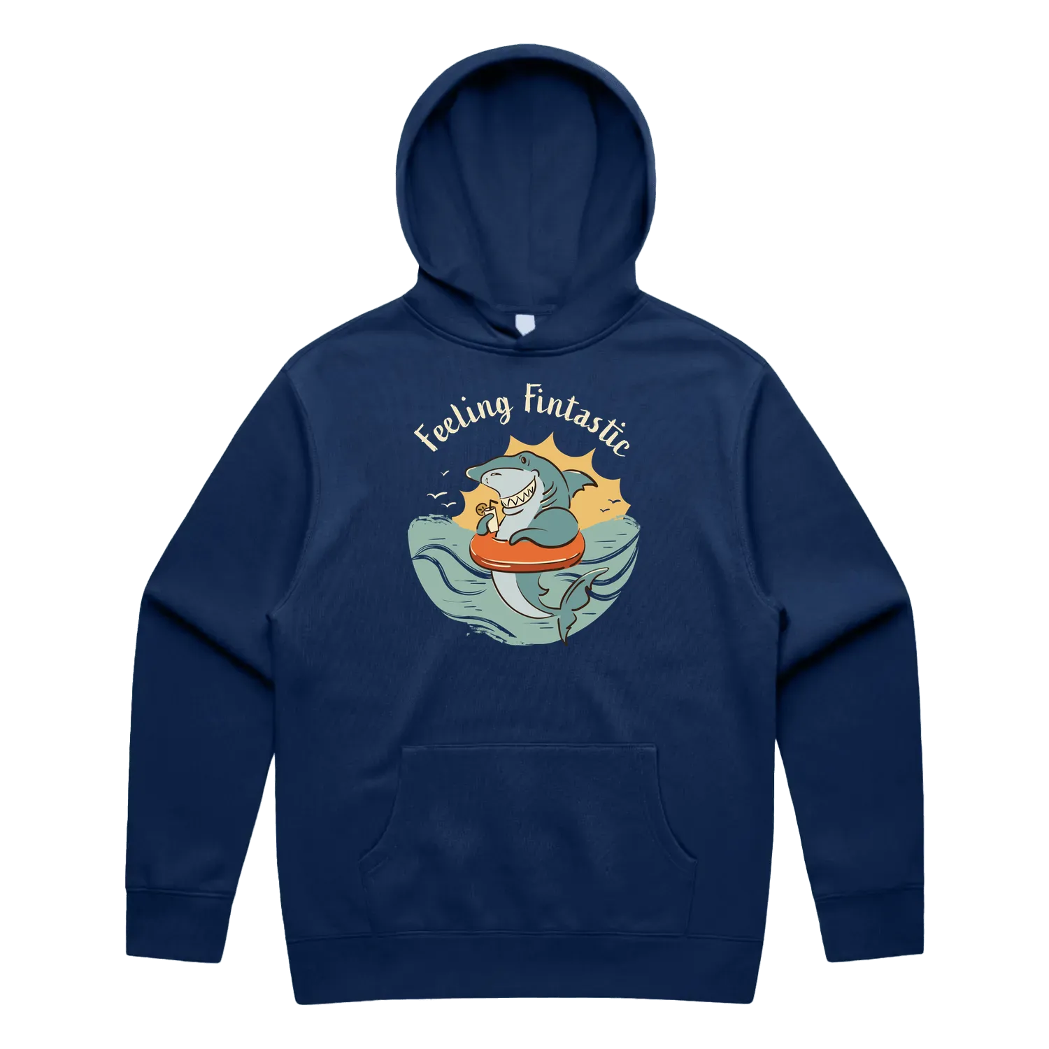 Men’s cobalt shark hoodie featuring a cute, funny hand-drawn shark design, Feeling Fintastic print