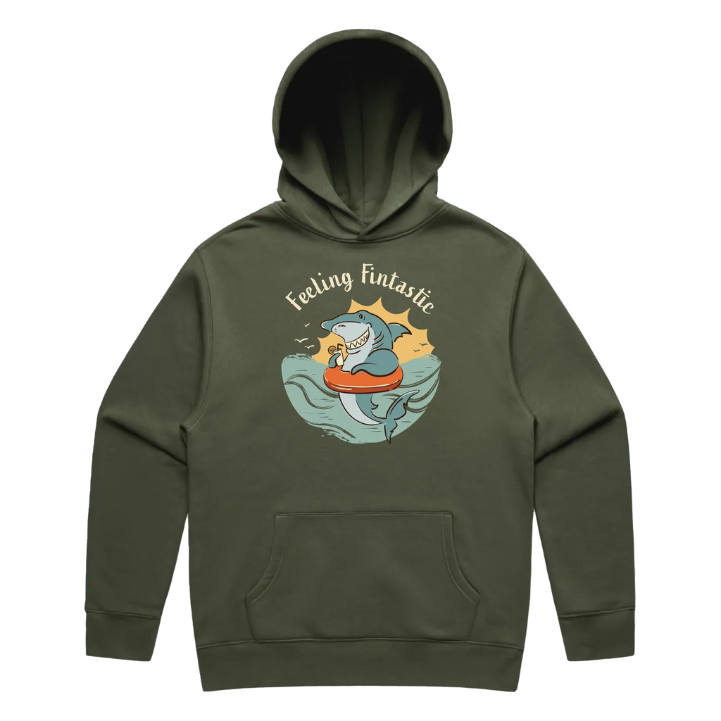 Men’s cypress shark hoodie featuring a cute, funny hand-drawn shark design, Feeling Fintastic print