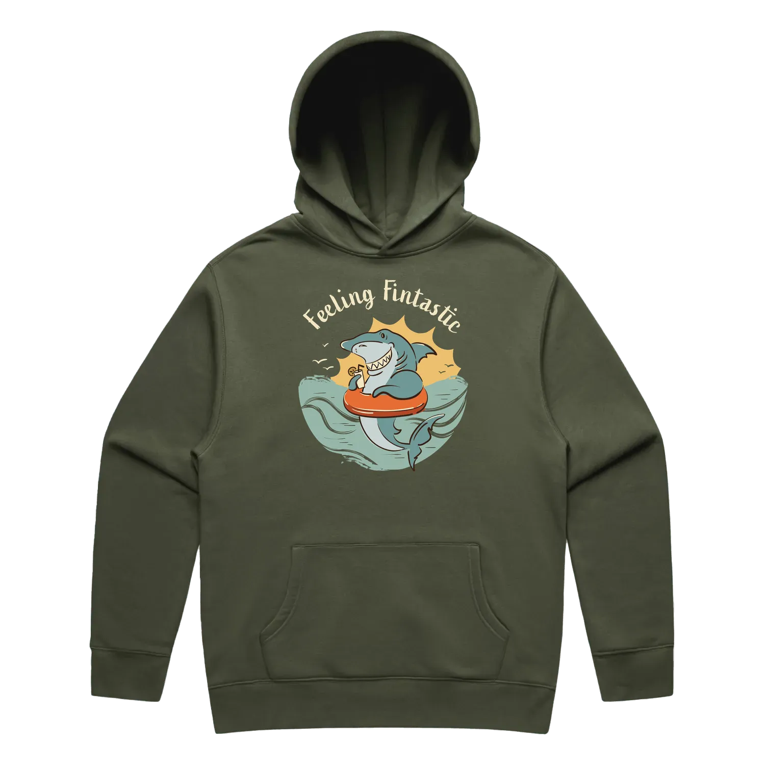 Men’s cypress shark hoodie featuring a cute, funny hand-drawn shark design, Feeling Fintastic print