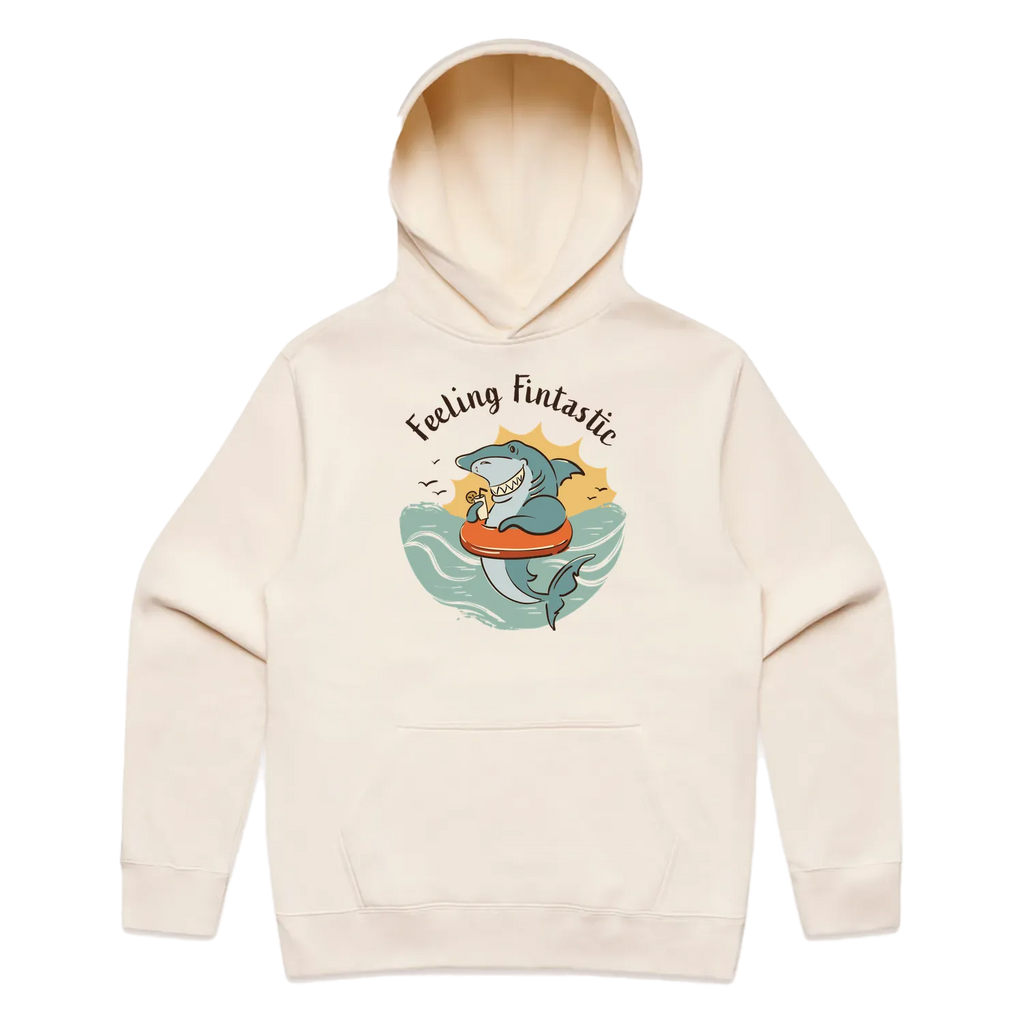 Men’s ecru shark hoodie featuring a cute, funny hand-drawn shark design, Feeling Fintastic print