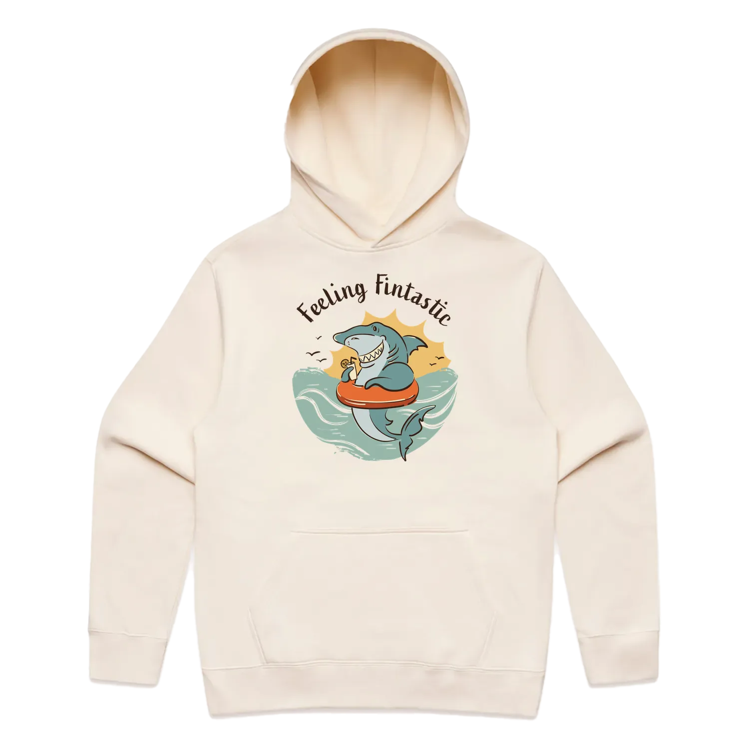 Men’s ecru shark hoodie featuring a cute, funny hand-drawn shark design, Feeling Fintastic print