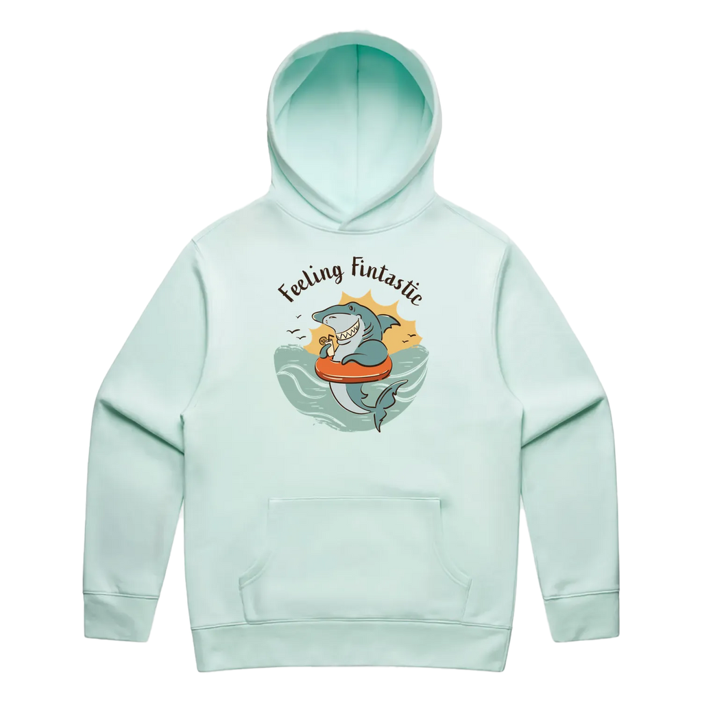 Men’s seafoam shark hoodie featuring a cute, funny hand-drawn shark design, Feeling Fintastic print
