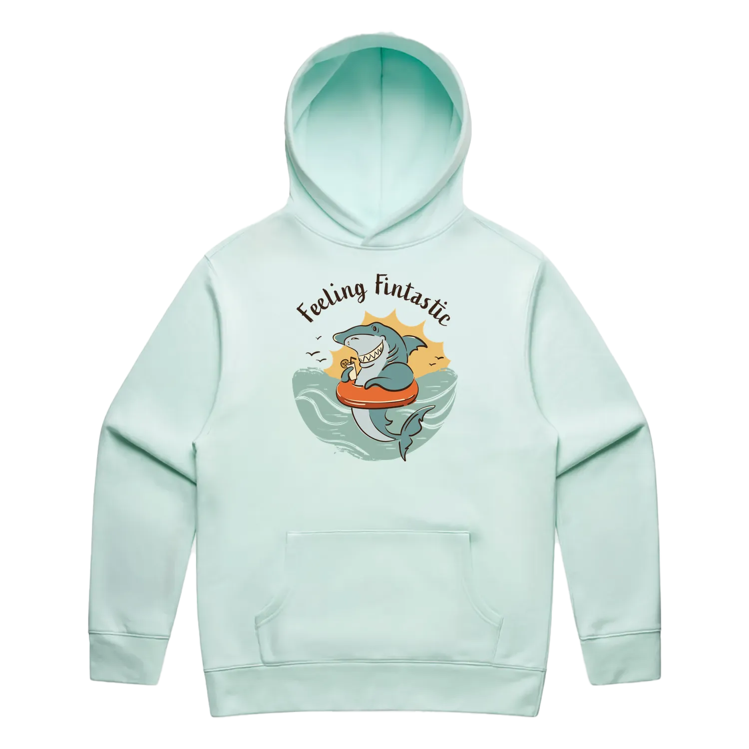 Men’s seafoam shark hoodie featuring a cute, funny hand-drawn shark design, Feeling Fintastic print