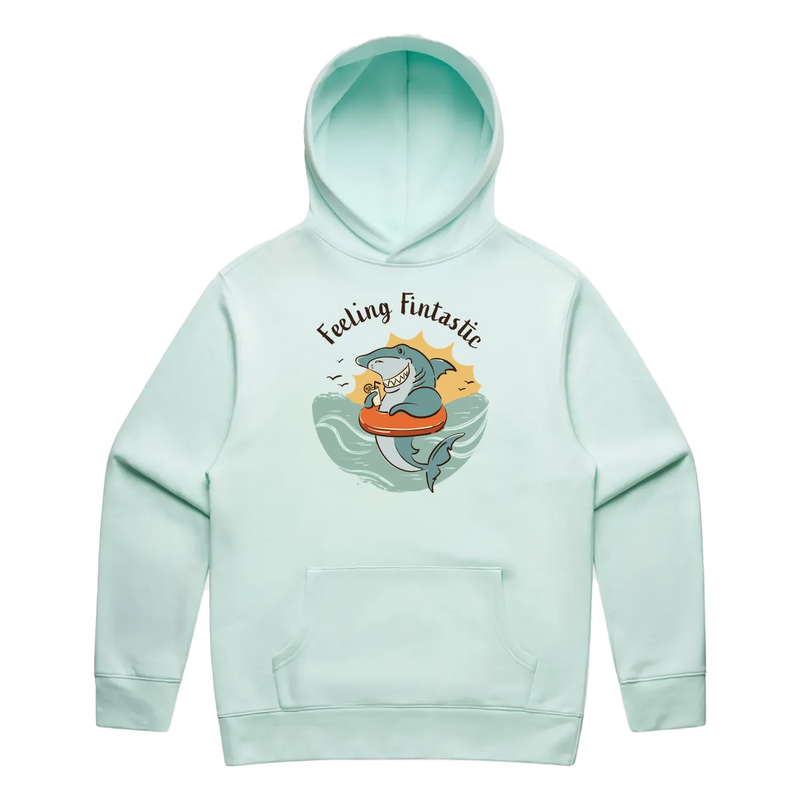 Men’s seafoam shark hoodie featuring a cute, funny hand-drawn shark design, Feeling Fintastic print