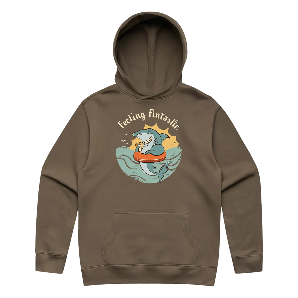 Men’s walnut shark hoodie featuring a cute, funny hand-drawn shark design, Feeling Fintastic print