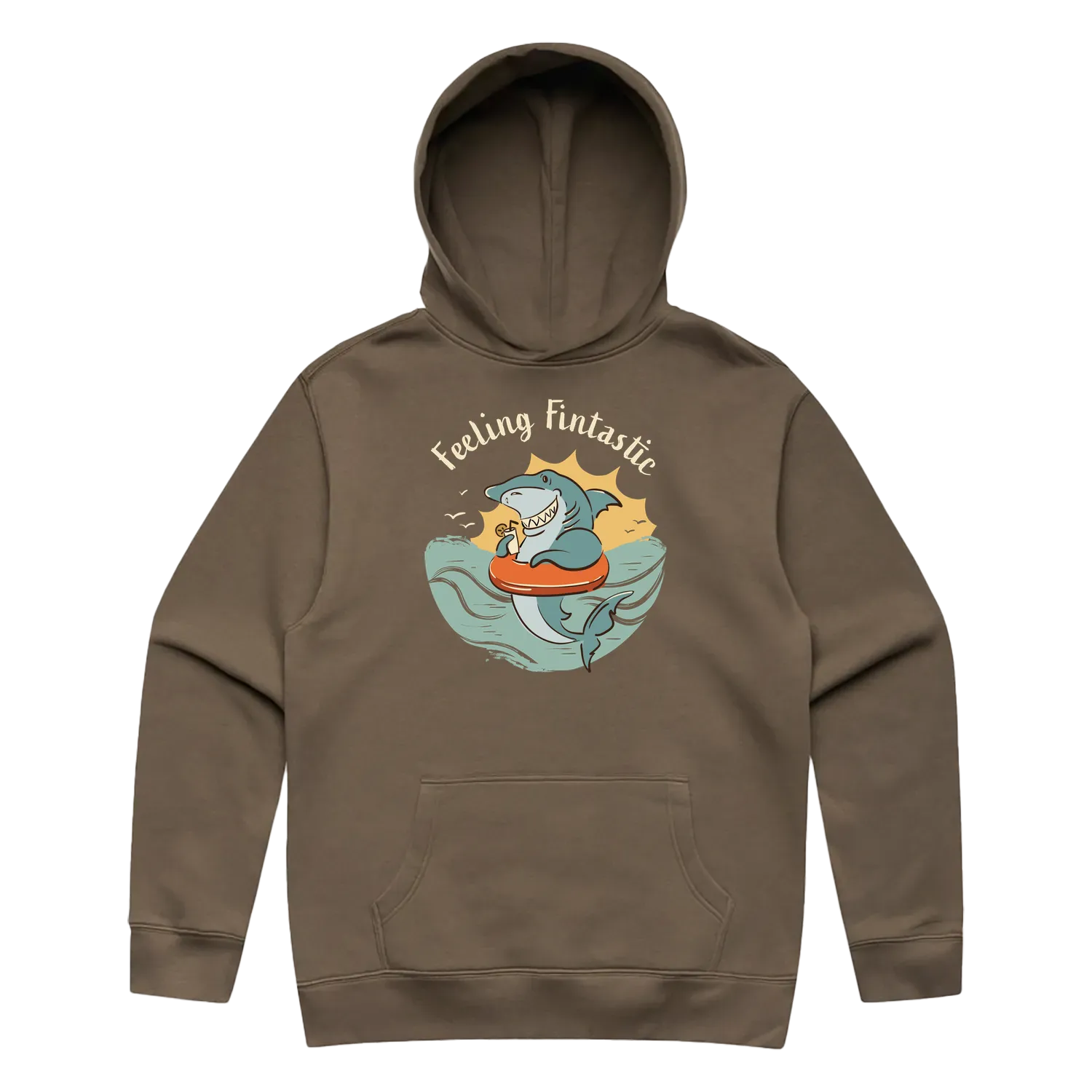 Men’s walnut shark hoodie featuring a cute, funny hand-drawn shark design, Feeling Fintastic print