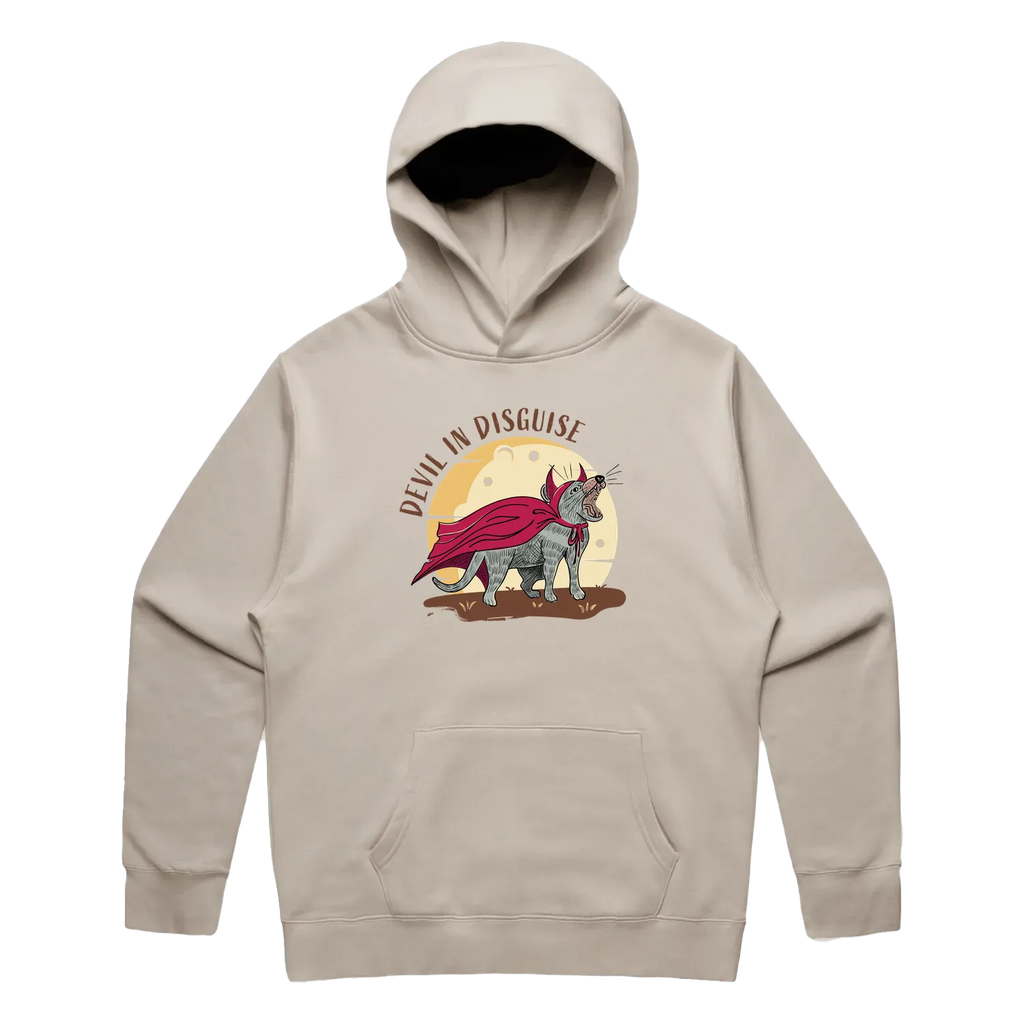 Men’s bone Tasmanian devil hoodie featuring a cute, funny hand-drawn design, Devil In Disguise print