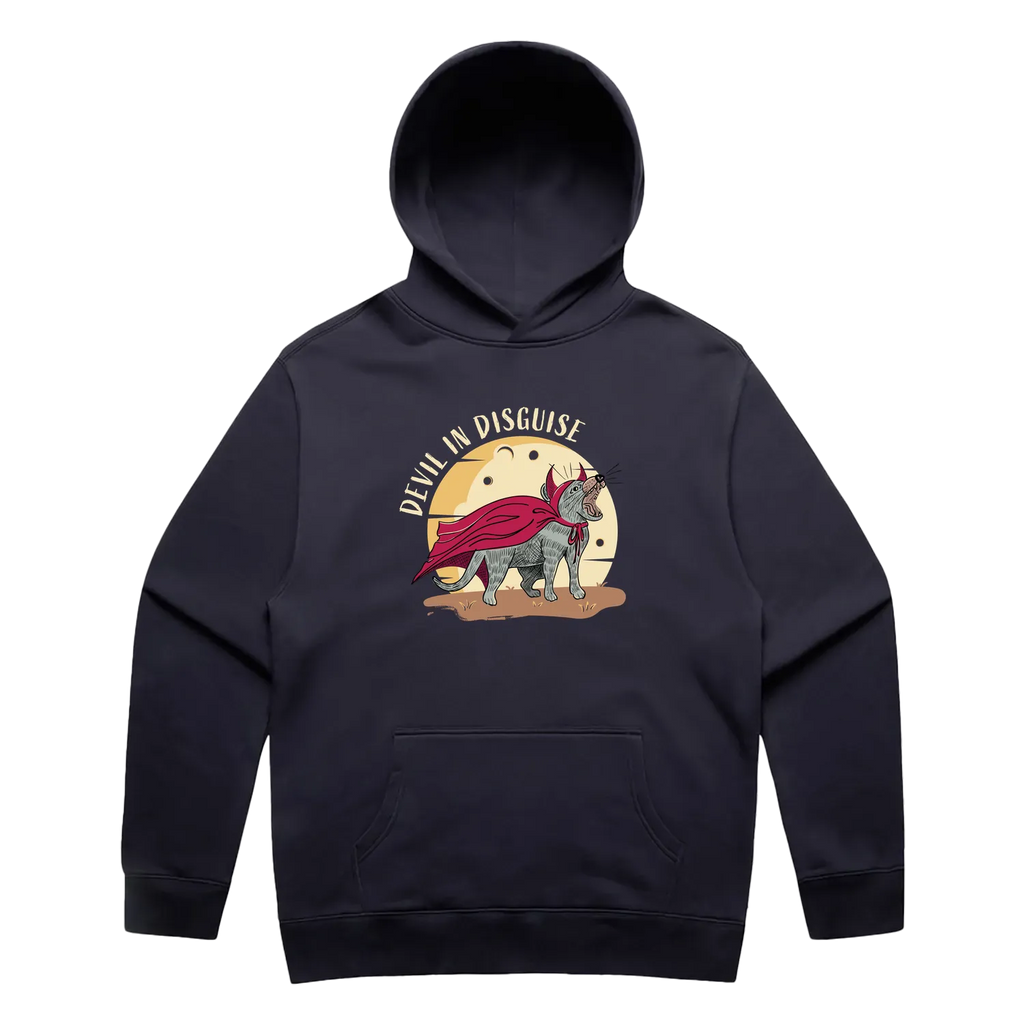 Men’s Ink Blue Tasmanian devil hoodie featuring a cute, funny hand-drawn design, Devil In Disguise print