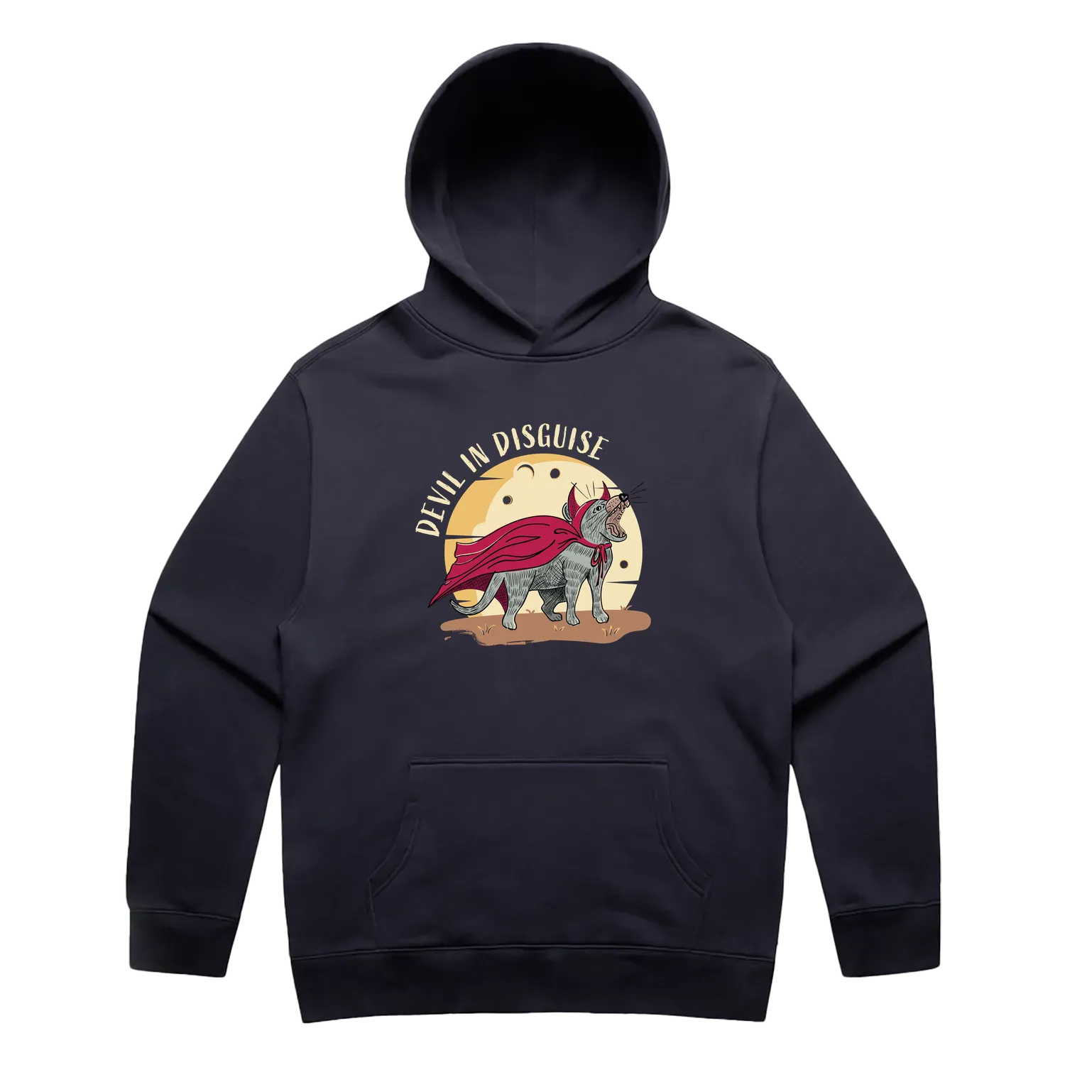 Men’s Ink Blue Tasmanian devil hoodie featuring a cute, funny hand-drawn design, Devil In Disguise print