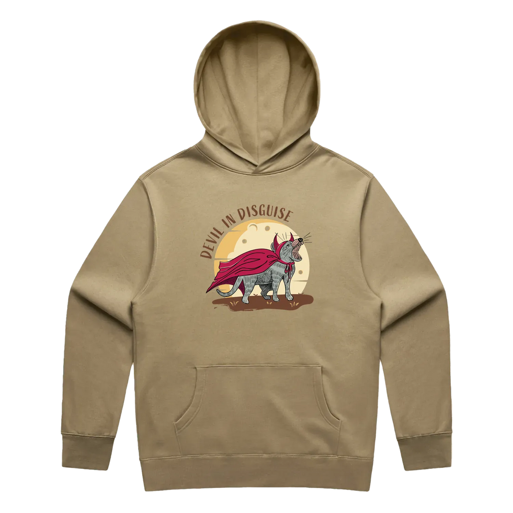 Men’s sand Tasmanian devil hoodie featuring a cute, funny hand-drawn design, Devil In Disguise print