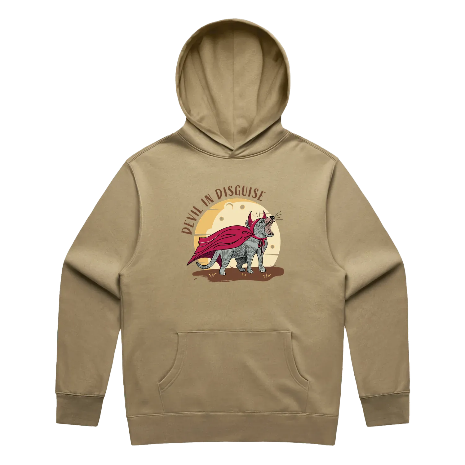 Men’s sand Tasmanian devil hoodie featuring a cute, funny hand-drawn design, Devil In Disguise print