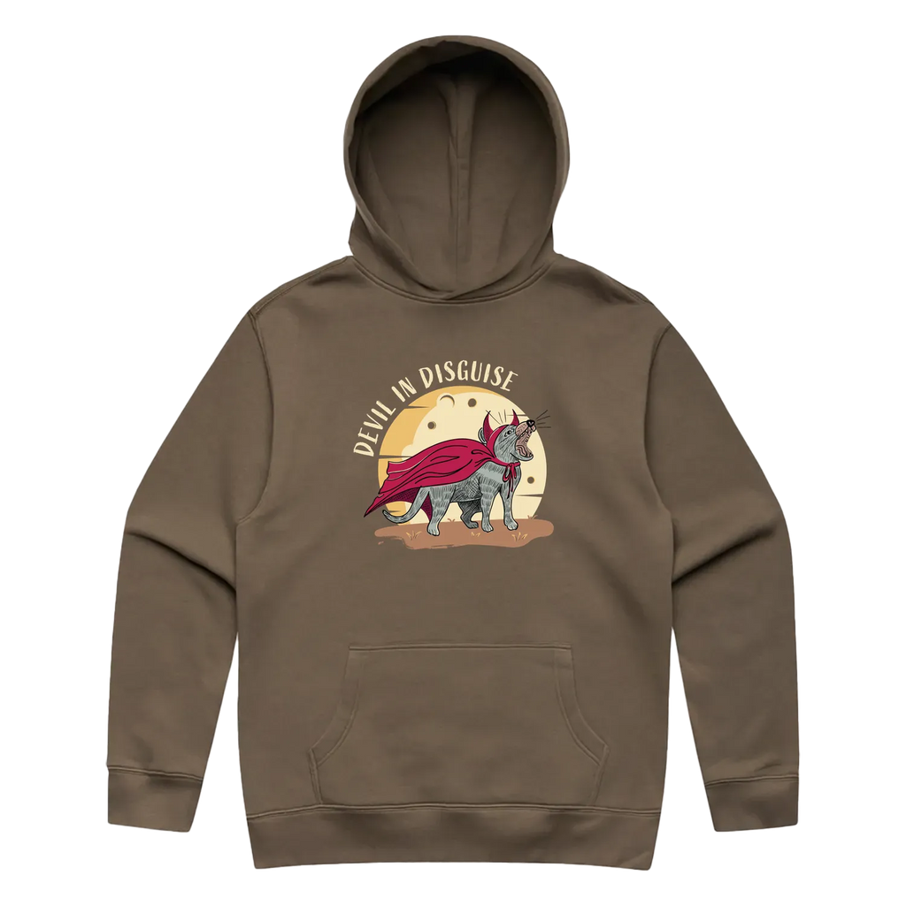 Men’s walnut Tasmanian devil hoodie featuring a cute, funny hand-drawn design, Devil In Disguise print