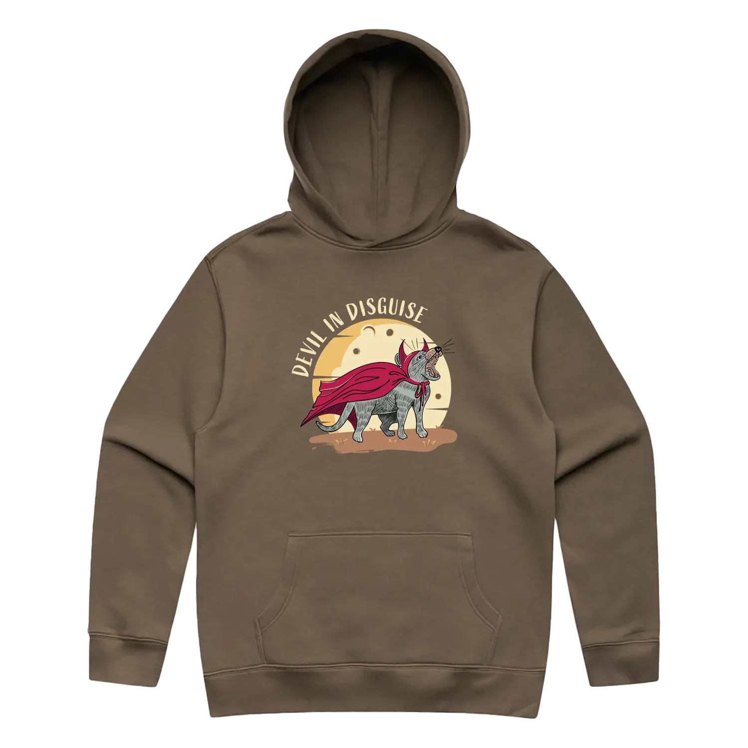Men’s walnut Tasmanian devil hoodie featuring a cute, funny hand-drawn design, Devil In Disguise print