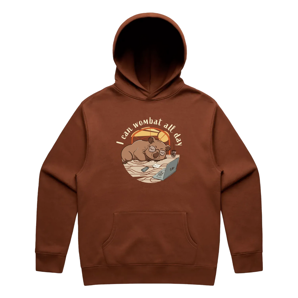 Men’s clay wombat hoodie featuring a cute, funny hand-drawn wombat design, I Can Wombat All Day print