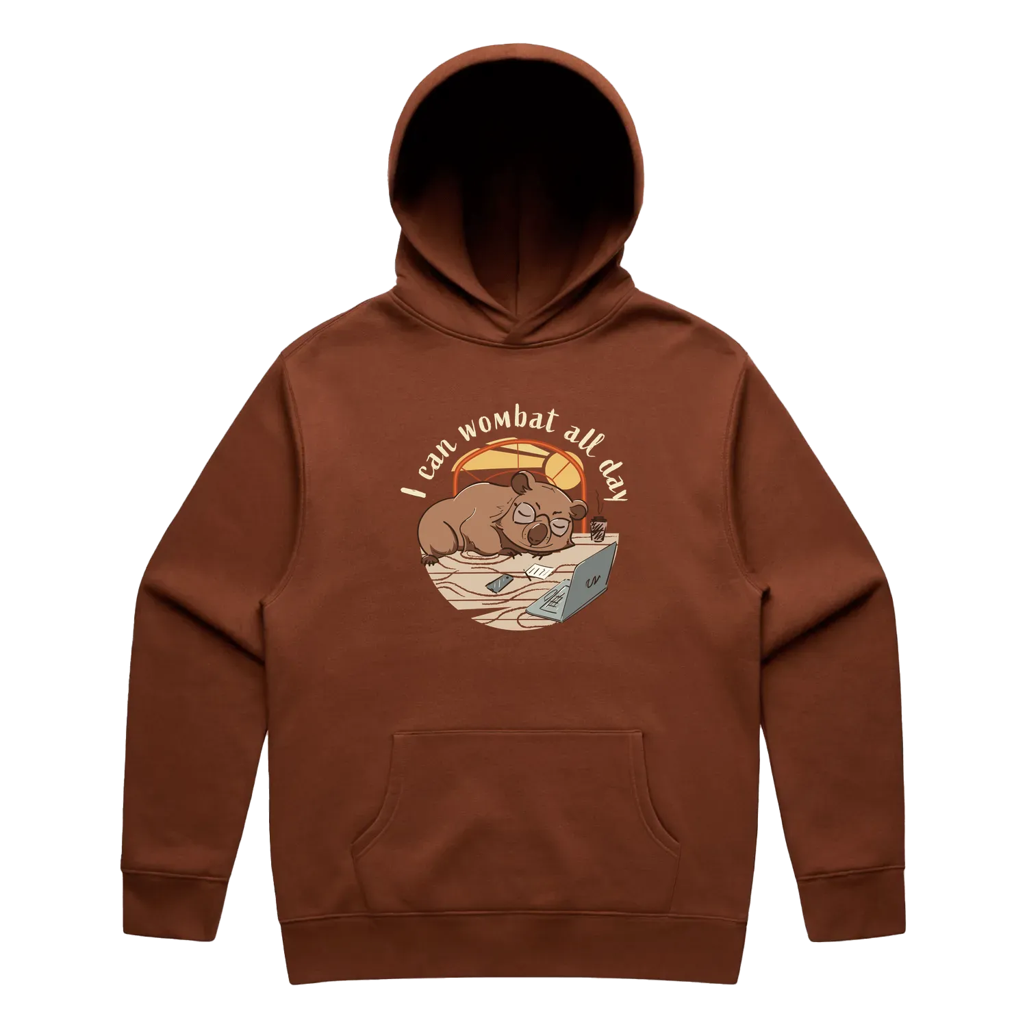 Men’s clay wombat hoodie featuring a cute, funny hand-drawn wombat design, I Can Wombat All Day print