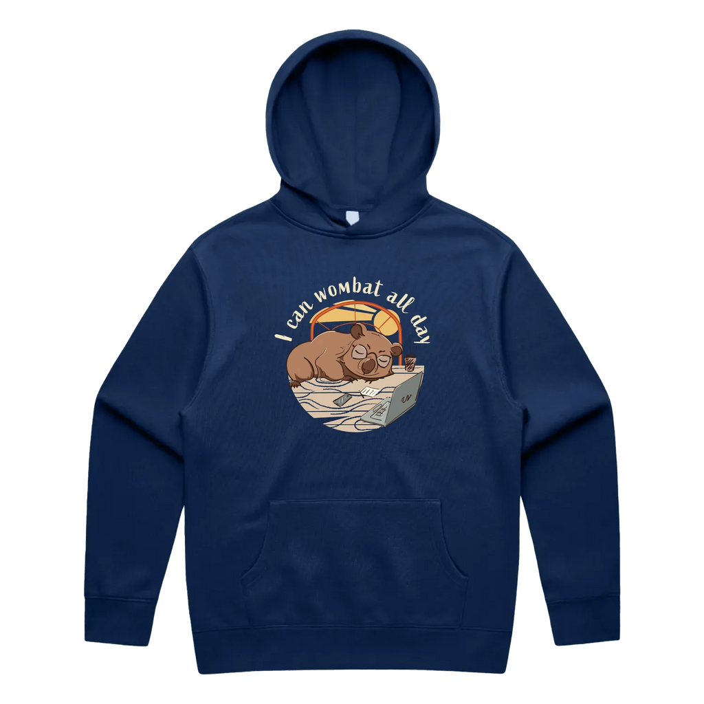 Men’s cobalt wombat hoodie featuring a cute, funny hand-drawn wombat design, I Can Wombat All Day print