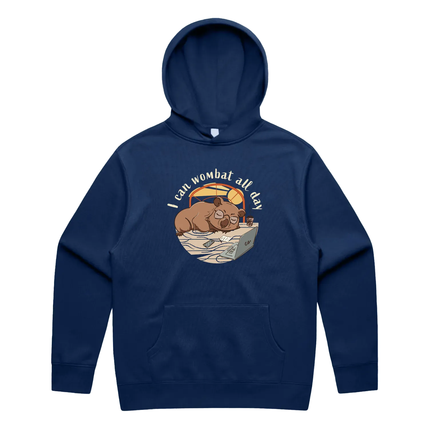 Men’s cobalt wombat hoodie featuring a cute, funny hand-drawn wombat design, I Can Wombat All Day print