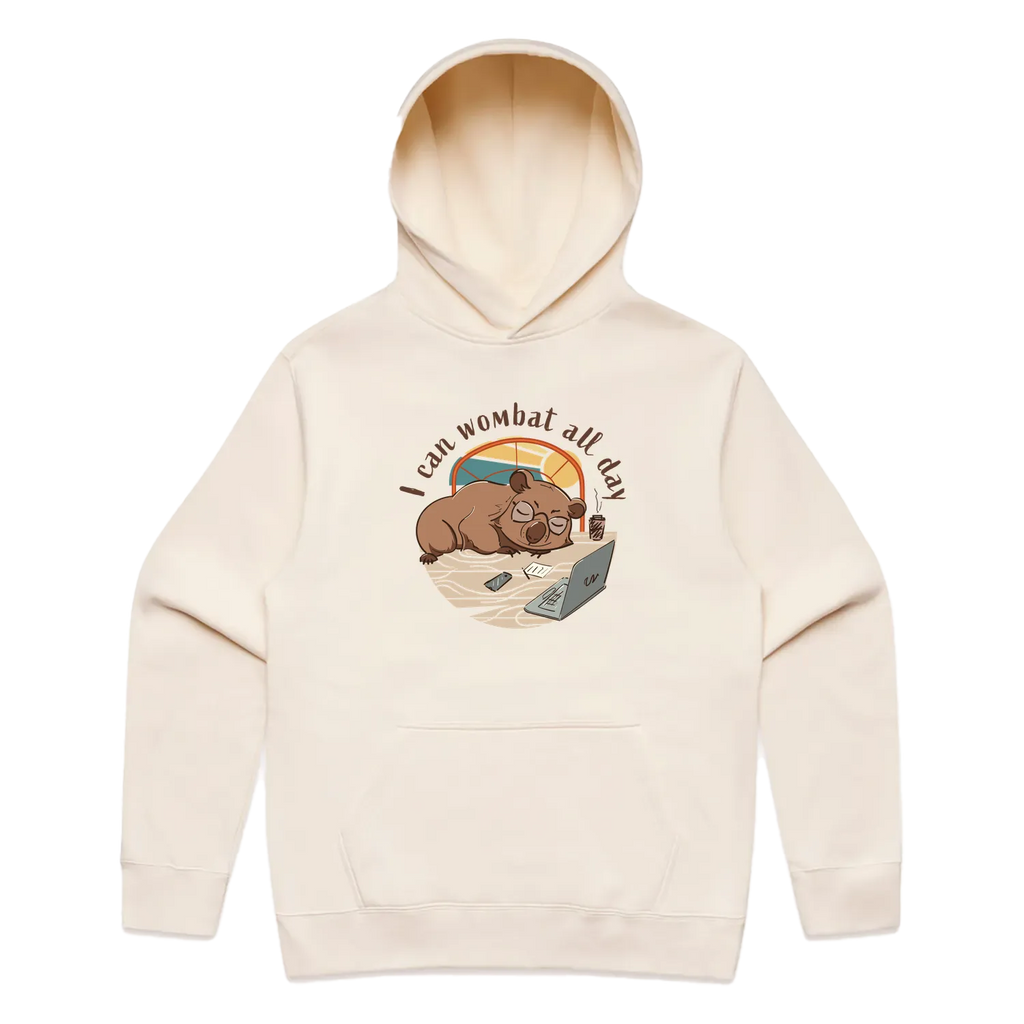 Men’s ecru wombat hoodie featuring a cute, funny hand-drawn wombat design, I Can Wombat All Day print